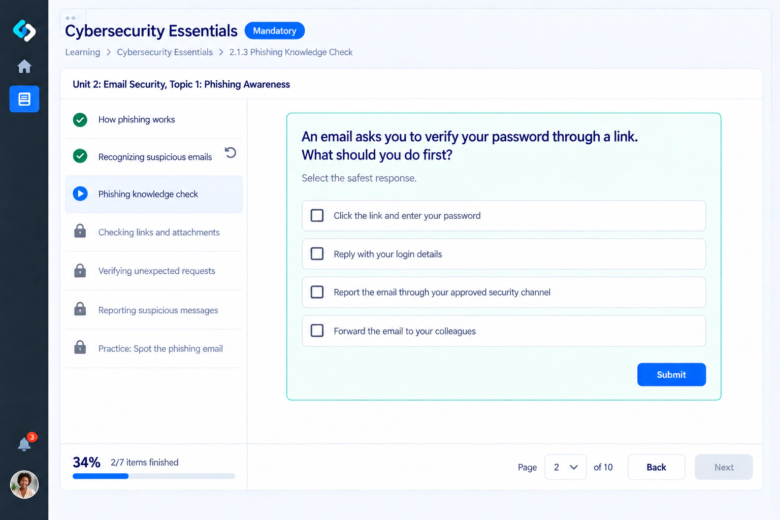Cybersecurity Essentials course player showing sequential lessons, progress, and a knowledge check