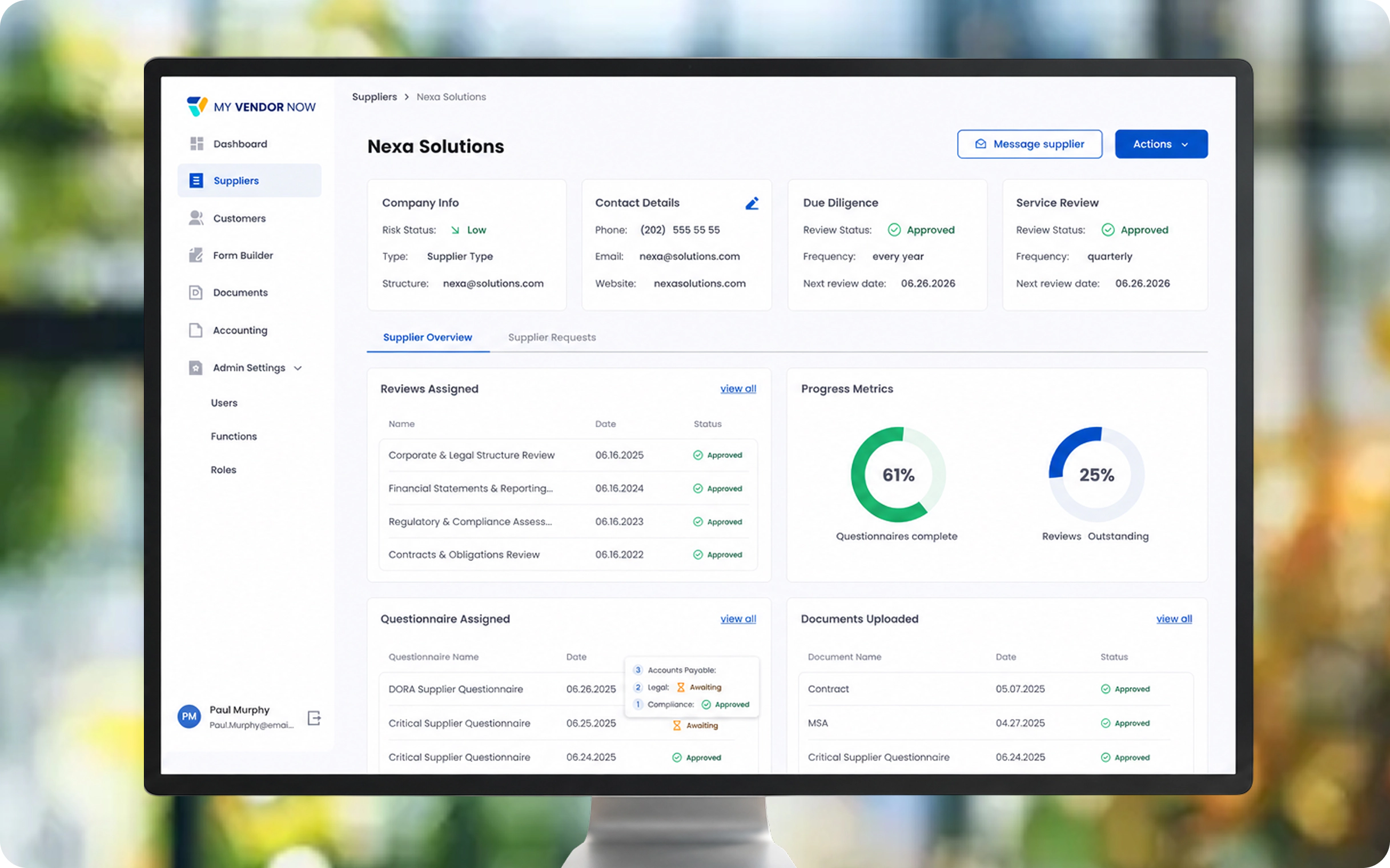 MyVendorNow supplier record with company information, due diligence, service review and document status