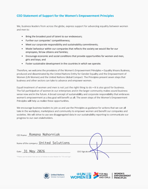 Signed CEO statement supporting the Women’s Empowerment Principles. Romana Nahorniak, United Solutions, 31 May 2026. The full statement is transcribed above.