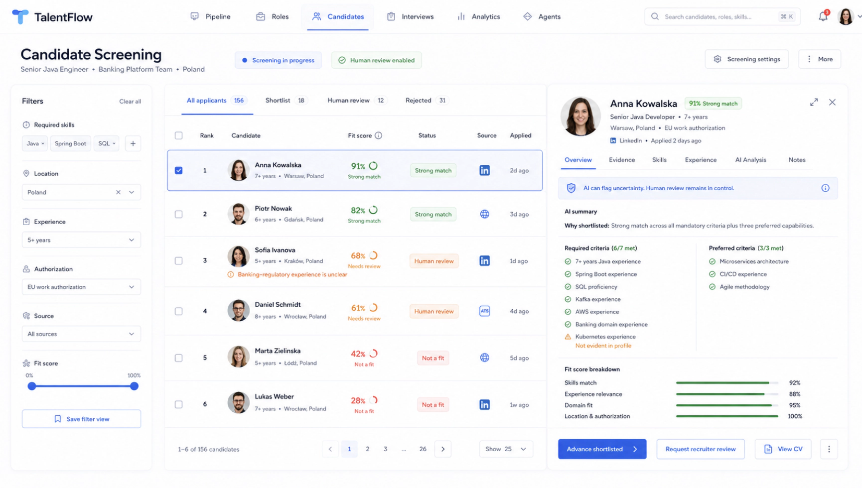 TalentFlow candidate screening dashboard with ranked matches and evidence for human review